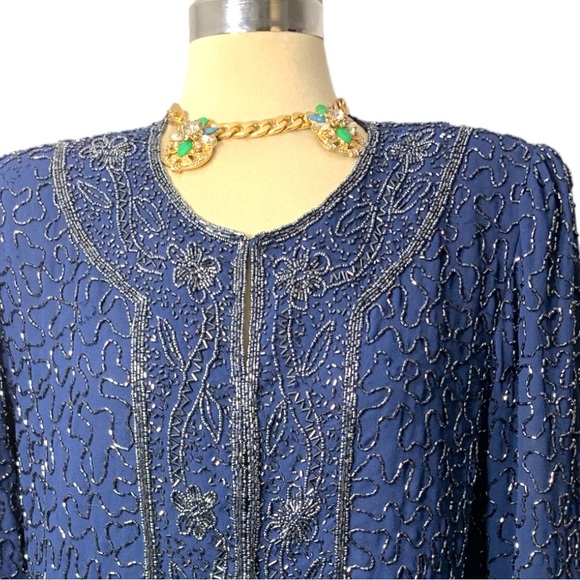 Gorgeous Elegant Blue Long Sleeves Beaded Embellished Jacket Size M/L - Picture 11 of 13